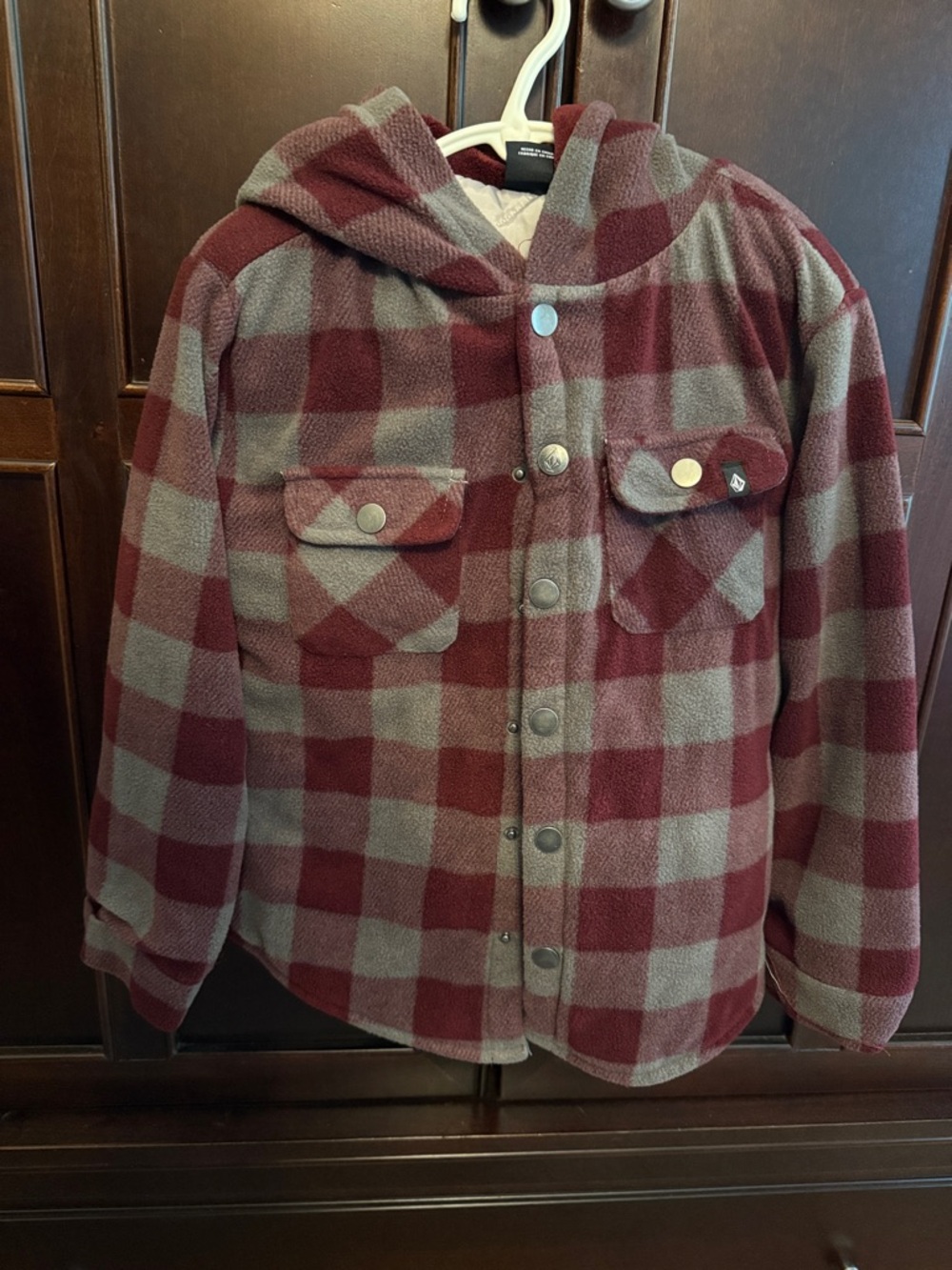 Volcom Kids Hooded Fleece with inside Quilted Jacket in Burgundy and Gray Plaid